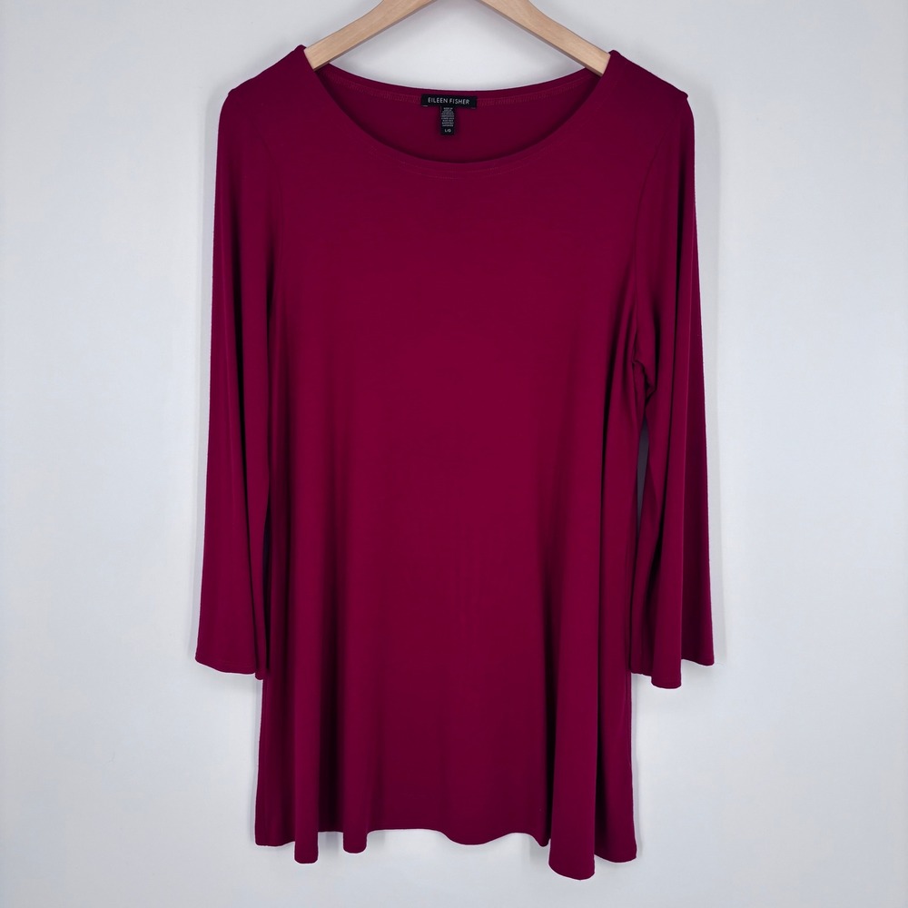 Eileen Fisher Tunic‎ Top Womens L Red Bell Sleeve Viscose Stretch Minimalist